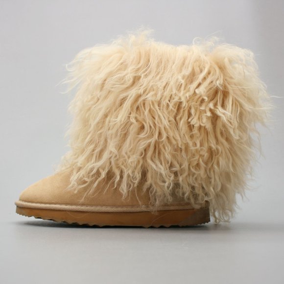 Alugg Ladies 7 Curly Lamb Hair Sheep Tan Suede Sheepskin Winter Short Booties - Picture 2 of 12